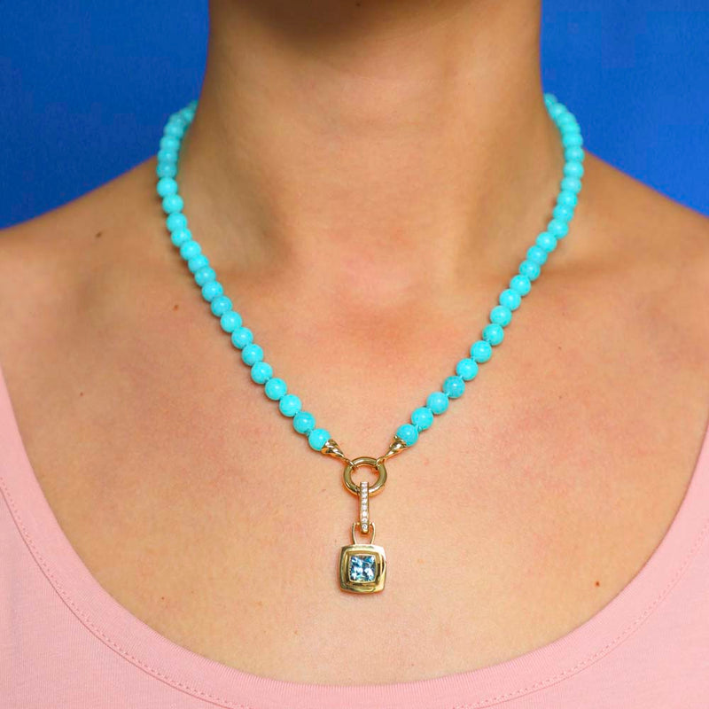 Mr Whippy Amazonite Bead Necklace Worn On a model with the 'chocolate' aquamarine pendant and joining links